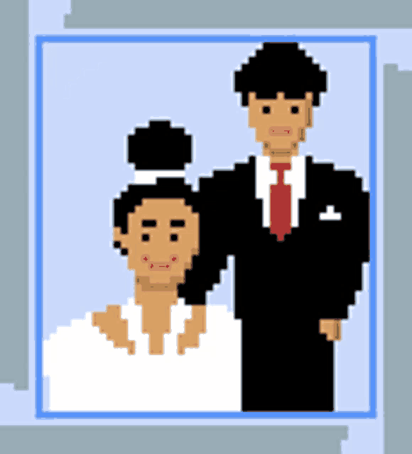 a pixel art illustration of a bride and groom posing for a picture