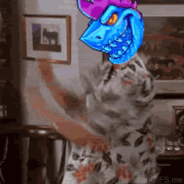 a pixel art of a person with a blue monster head