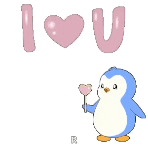 a penguin is holding a heart shaped lollipop in front of a sign that says `` i love u '' .
