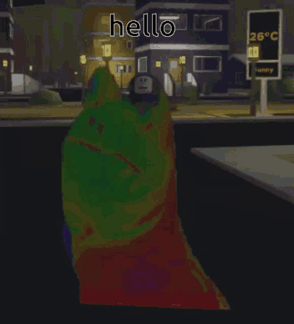 a rainbow colored monster is standing in front of a building in a video game and says `` hello '' .