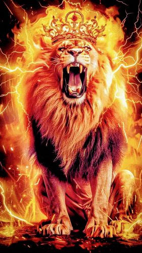 a lion with a crown on its head is surrounded by fire