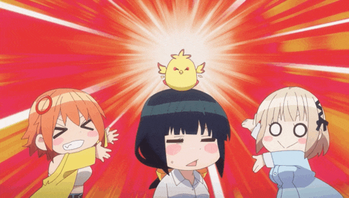 three anime girls are standing next to each other with a yellow chicken on their head