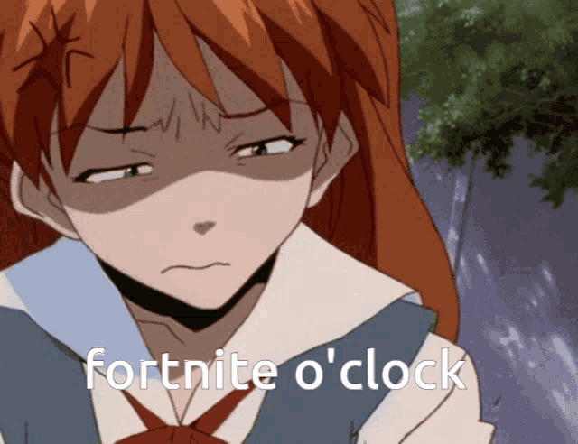 a picture of a girl with red hair and the words fortnite o 'clock