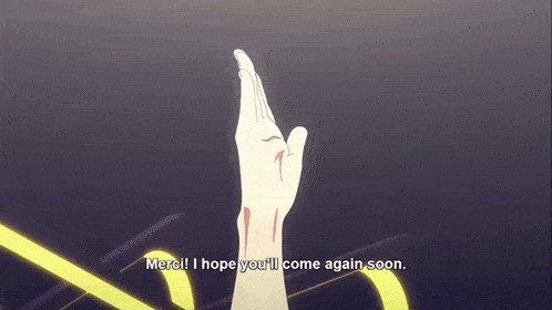 a hand with blood coming out of it and the words mere i hope you 'll come again soon on the bottom