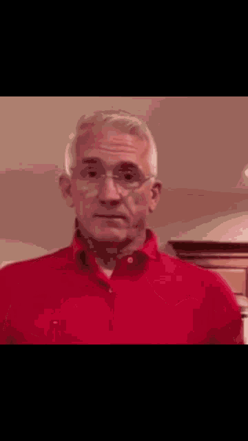 a man in a red shirt and glasses is looking at the camera .