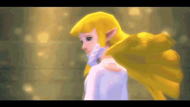 a video game character with blonde hair and a white cape