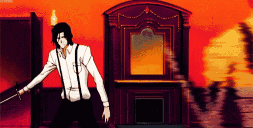 a man in a white shirt and suspenders is standing in front of a fire