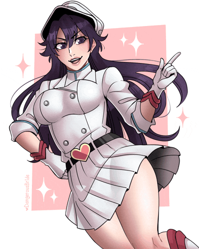 a drawing of a girl with purple hair and the words dangerousbride below her