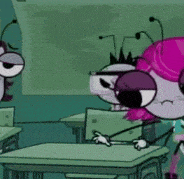 two cartoon characters are sitting at desks in a classroom . one of the characters is wearing glasses .