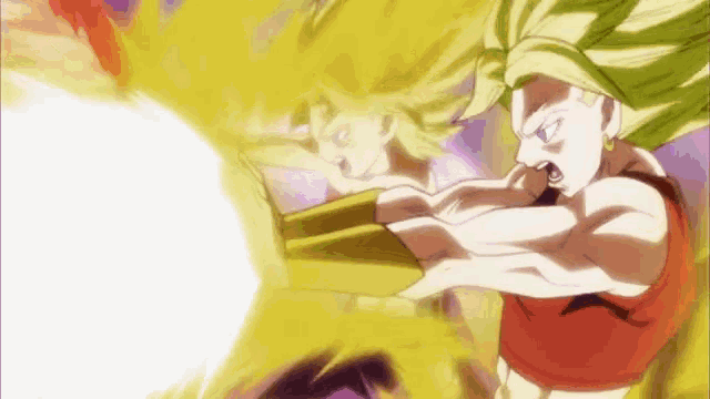 a woman in a red shirt is fighting a man in a yellow shirt in a dragon ball z anime .
