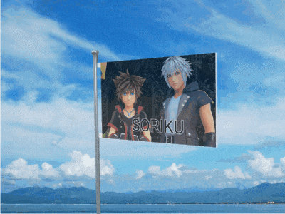 a flag with a picture of sora and king of hearts on it