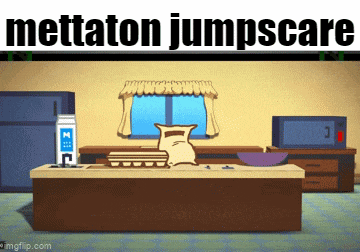 a picture of a kitchen with the words mettaton jumpscare