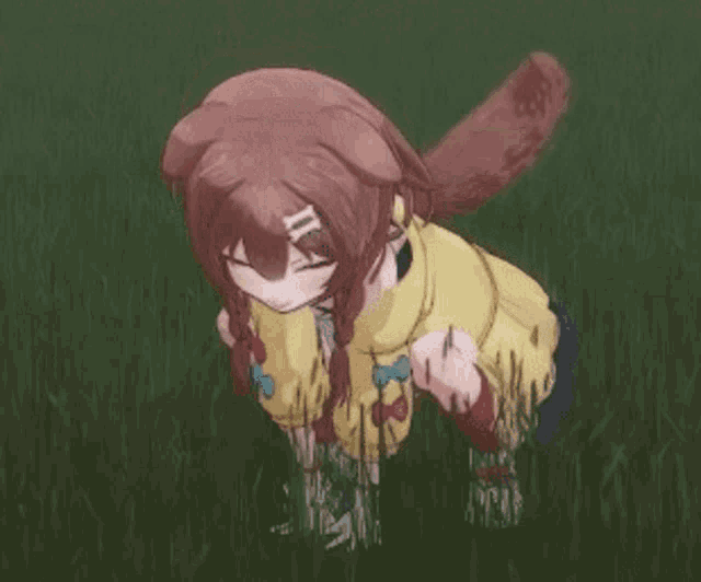 a drawing of a girl in a yellow jacket with a dog tail