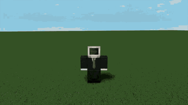 a robot in a suit and tie stands in a field