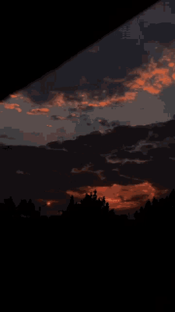 a sunset with trees in the foreground and a dark sky with orange clouds