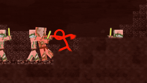 a red stick figure is standing in front of a group of pigmen holding swords