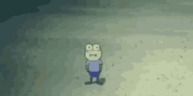 a cartoon character from spongebob squarepants is standing on a sandy beach .