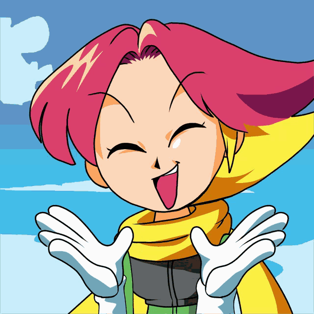 a cartoon character with pink hair and yellow scarf