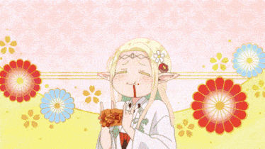a girl with a flower in her hair is holding a piece of food