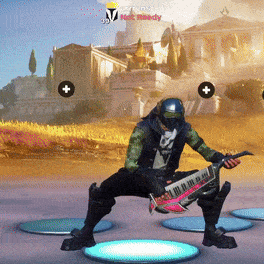 a man is playing a video game with a keyboard and a castle in the background
