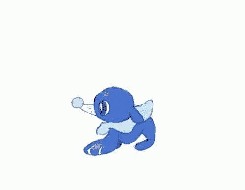 a cartoon drawing of a blue seal with a pink nose and a balloon in its mouth .