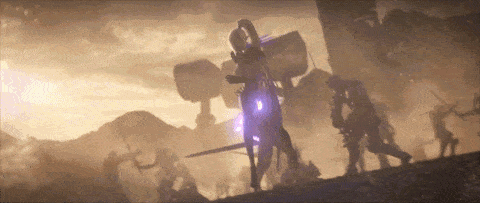 a group of people are standing on top of a hill with a purple light coming out of their heads .
