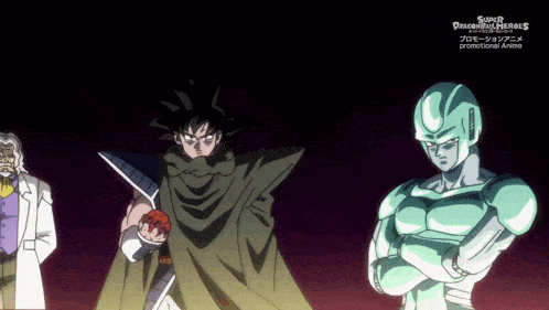 a poster for super dragon ball heroes shows a group of cartoon characters