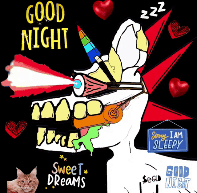 a drawing of a skull with a unicorn horn and a sign that says " sorry i am sleepy "
