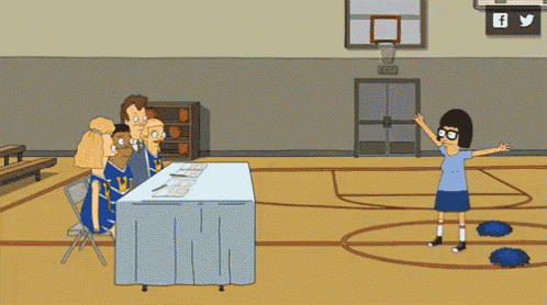 a cartoon of a group of people sitting at a table in a gym with a facebook logo in the corner
