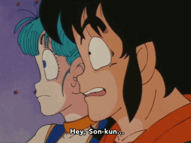 a cartoon of a boy and a girl with the words hey son-kun written below them