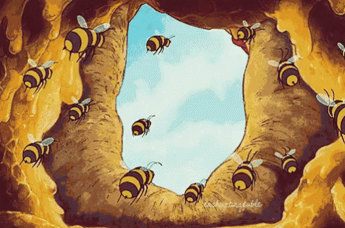 a bunch of bees flying around a hole in the ground