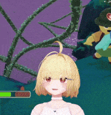 a girl with blonde hair is in a video game with a green loading bar behind her