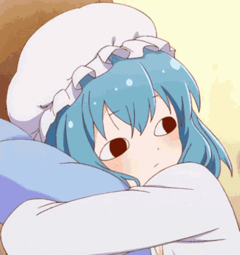 a blue haired anime girl with a white hat on her head