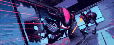 a cartoon character is flying through the air while holding a sword in a room .