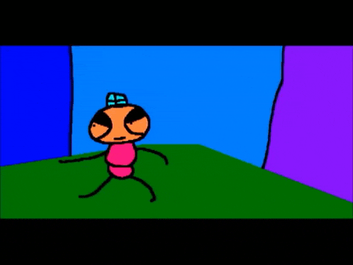 a cartoon character is standing in a room with a blue wall and a green floor .