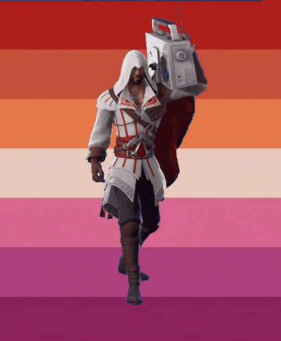 a man in a white hooded jacket is carrying a box on his back