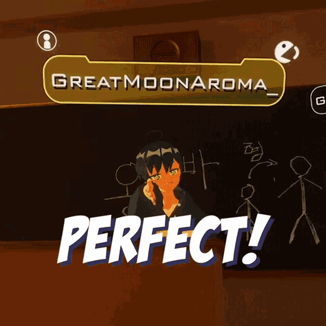 a video game screen shows a girl sitting in front of a chalkboard and says perfect