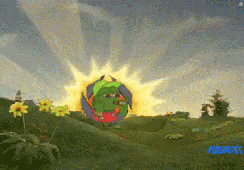 a cartoon frog is standing in front of a sun
