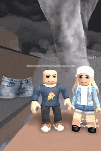 two roblox characters standing in front of a tornado