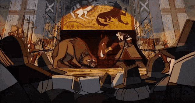 a cartoon drawing of a wolf and a fox with a cross in the background