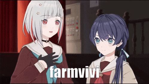 two anime girls are standing next to each other and the word farmvivi is on the screen