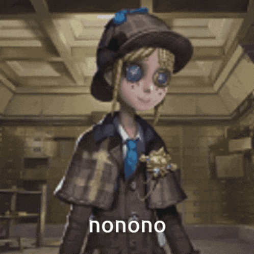 a girl in a suit and hat is standing in a room with the words honono written on the bottom .