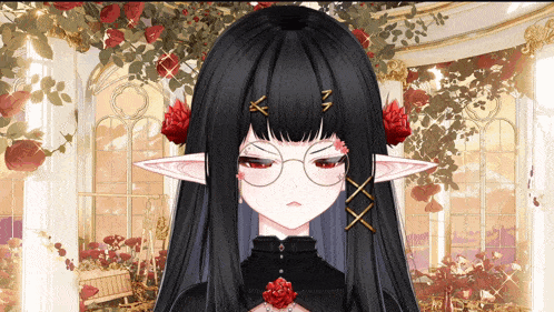 a girl with long black hair and red eyes is wearing glasses and a necklace of red roses