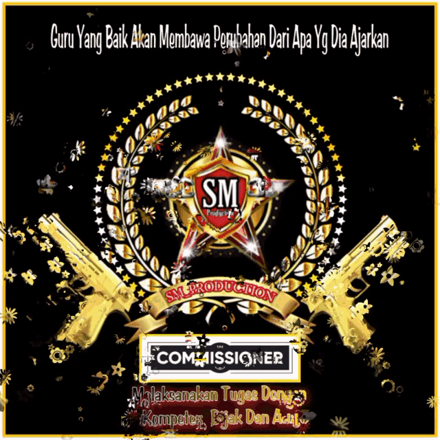 a logo for sm production with gold guns and a star