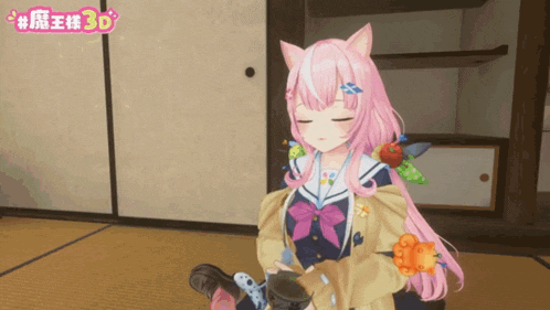 a girl with pink hair and cat ears is holding a cat in front of a sign that says 3d