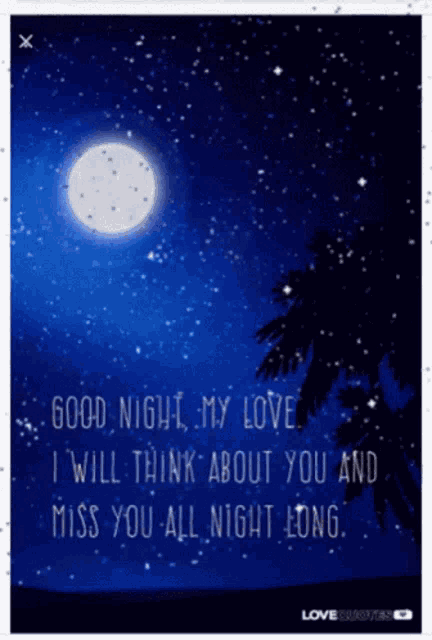 a poster with a full moon and a quote that says " good night my love i will think about you and miss you all night long "