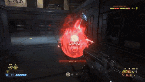 a video game is being played with a skull in the background