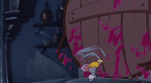 a cartoon mouse is standing in front of a large wooden barrel with pink liquid coming out of it