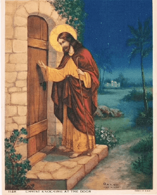 a painting of jesus knocking at the door with the number 1148 at the bottom