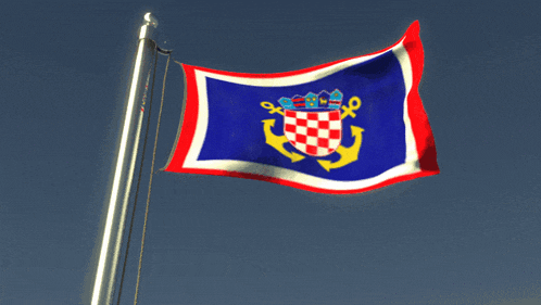 a red white and blue flag with an anchor and a crown on it